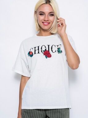 Coquette Dex Rose & Pearl Embellished "CHOICE" Graphic T-Shirt